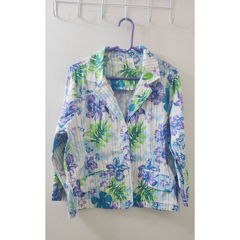 Bill Blass Jeanswear Floral Pinstripe Blazer Jacket Blue Purple Green XL